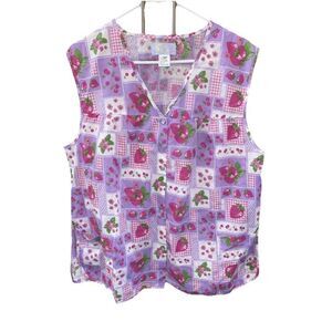 Vintage Apron Shirt 60's 70's Strawberry Fabric Smock Top Snap Front Pocket 1X